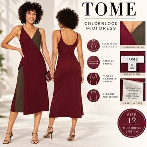 TOME Women’s Size 12 Burgundy Olive Colorblock Asymmetrical Midi Dress Stretch
